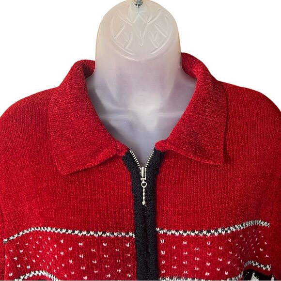 Vtg Parisian Works Red Nordic Fair Isle Zip Front Cardigan Sweater w/Collar Sz M - Picture 5 of 11